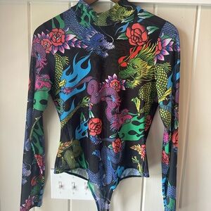 Long-Sleeve Women’s Swim Bodysuit in Multicolor Dragon Print